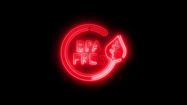 B P A free neon sign with leaf symbol on black background indicating eco friendly product packaging
