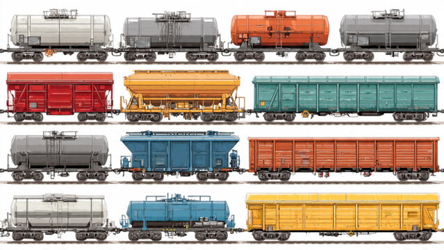 Colorful Freight Train Cars in Various Shapes and Bright Colors on Rails