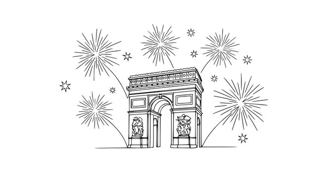 Arc de Triomphe Paris France Landmark Outline Drawing Fireworks Celebration White Background