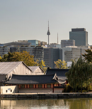 Seoul cityscape with N Seoul Tower and hanok village rooftops