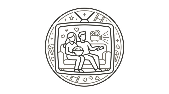 Couple watching movie in cinema film frame line art.