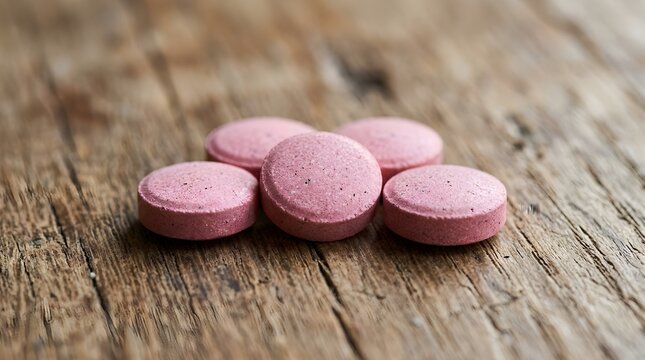 Five vibrant pink round tablets neatly arranged on a rustic wooden surface, symbolizing health and wellness
