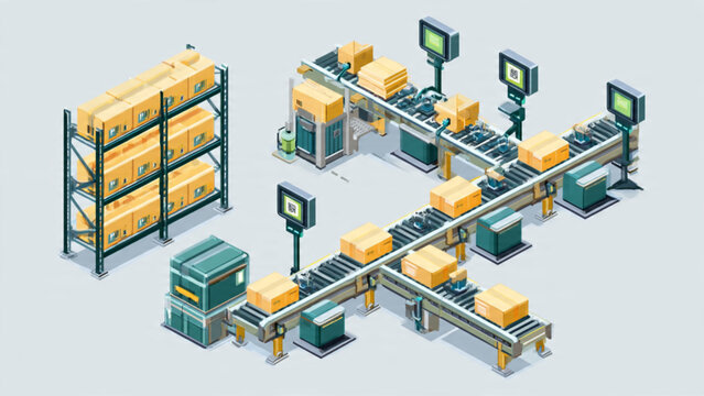 Illustration of modern automated warehouse with conveyor belts, shelves, and packaging stations