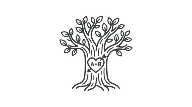 Tree with heart carved initials line art icon.