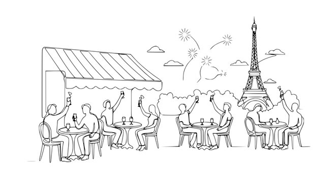 Parisian cafe scene with Eiffel Tower, people toasting with champagne, fireworks, line art