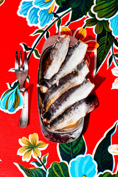 sardines arranged in oil on a narrow metal tray