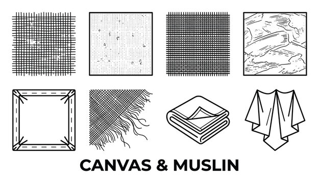 Canvas and muslin textures woven grids abstract patterns folded draped cloths with fringe and stitched border.
