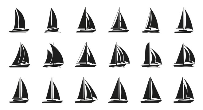 Collection of various sailboat silhouettes in black and white.