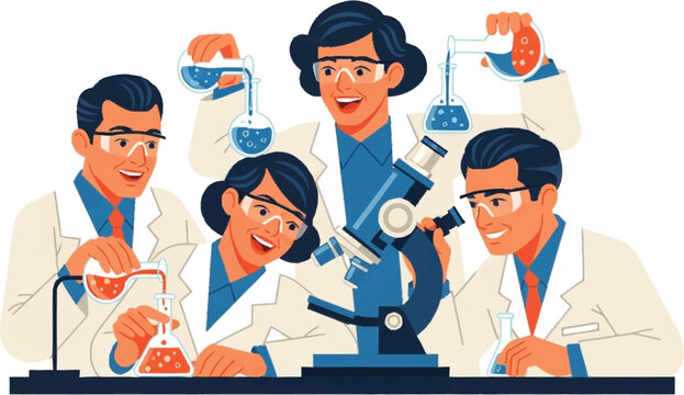 Four people in lab coats working.