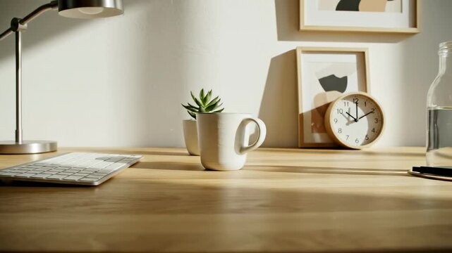 Modern desk setup with a laptop, keyboard, lamp, and succulent plant bathed in warm sunlight, creating a productive workspace ambiance