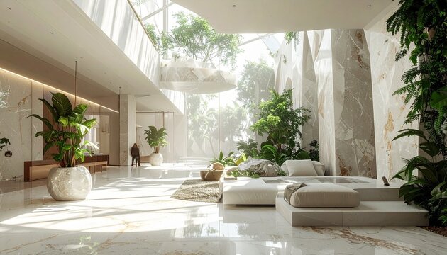 Biophilic Quartz Atrium- -A subterranean luxury lobby with raw concrete 