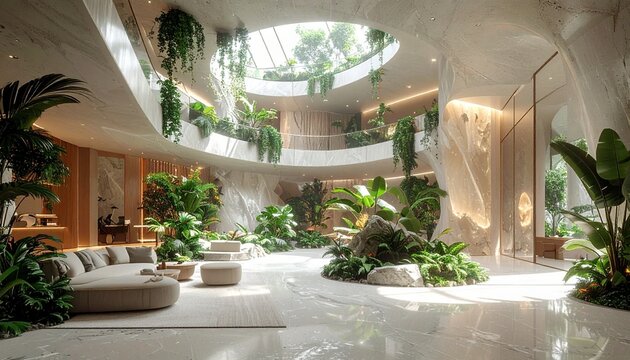 Biophilic Quartz Atrium- -A subterranean luxury lobby with raw concrete 