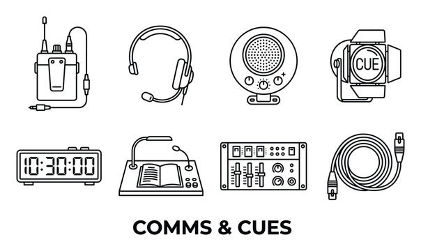 Comms and cues icons set for broadcast and stage production vector.