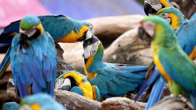 A group of colorful blue and yellow macaws perched on tree branches together