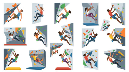 Naklejka premium Diverse people bouldering and rock climbing indoors on colorful artificial walls with safety mats enjoying active hobby and extreme sports