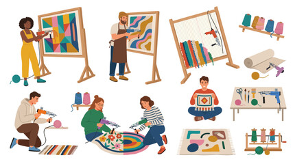 Naklejka premium Creative people enjoying rug making and tufting art projects, crafting textiles with yarn and tools for home decor and hobbies