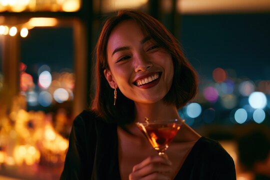 A happy young Asian woman enjoys a cocktail at a vibrant rooftop bar with a blurred city skyline at night.