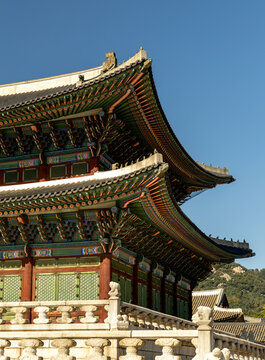 Ornate roof details of Gyeongbokgung Palace in Seoul