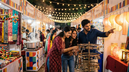 Fototapeta premium Diverse Indian friends exploring a vibrant night market in Chennai, looking at traditional handcrafted earrings and colorful lanterns in a street bazaar