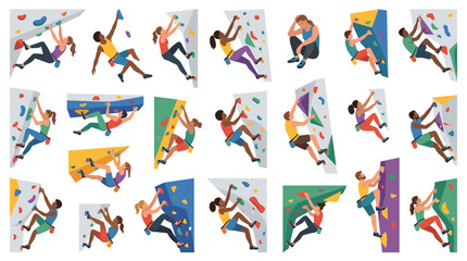 Naklejka premium Diverse group of people climbing on colorful artificial indoor rock climbing walls engaging in bouldering and sport climbing activities