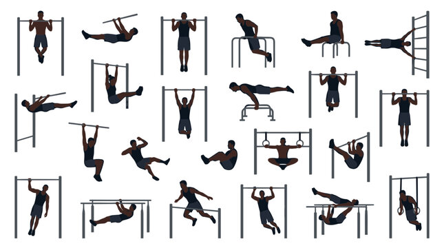 Fitness silhouettes performing various bodyweight exercises on bars and rings for strength training and calisthenics workout routine