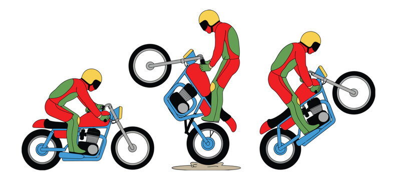 Motorcyclist performing wheelie sequence vector illustration rider positions motorcycle angles stunt progression
