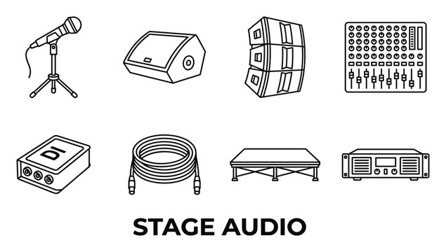 Stage audio equipment icons microphone speaker mixer amplifier cables and platform for music performance.