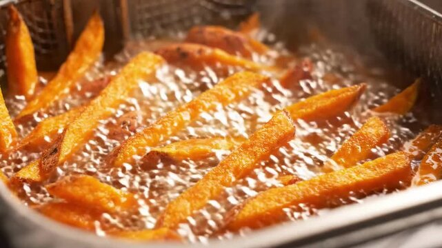 Sweet potato fries frying in hot oil with bubbling surface