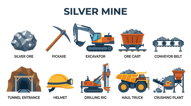 Flat vector illustrations of mining equipment and resources on a white background