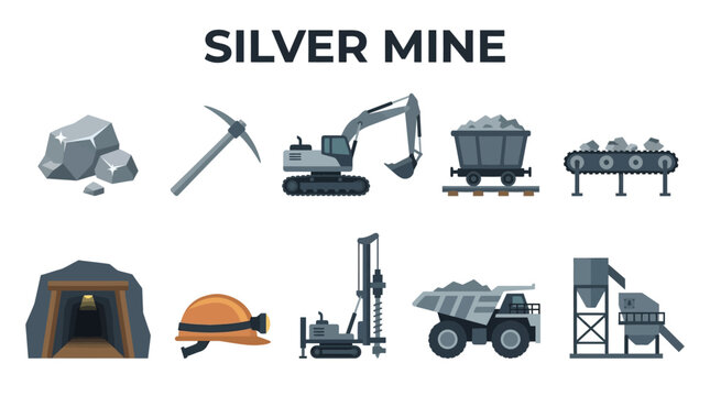 Mining operation illustrated with various equipment and resources including silver ore and industrial machinery