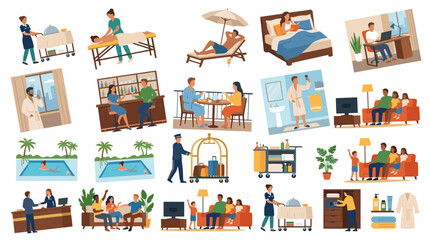 Fototapeta premium Diverse hotel and hospitality services montage featuring guests and staff in various luxury resort and travel settings