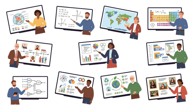 Diverse educators and students engage in interactive learning with digital whiteboards displaying science, technology, engineering, and math subjects