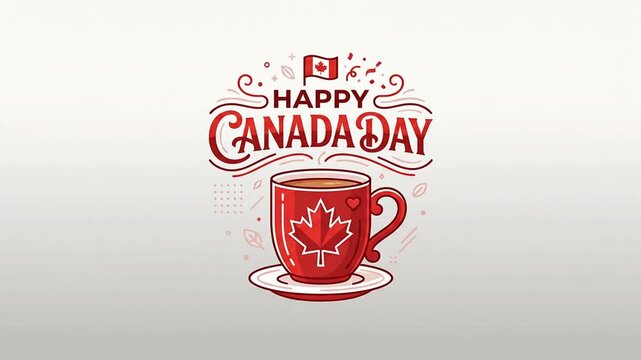 Festive Canada Day celebration featuring red coffee mugs with maple leaf icons on a modern background