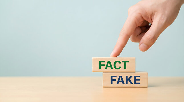 Hand choosing fact over fake on wooden blocks