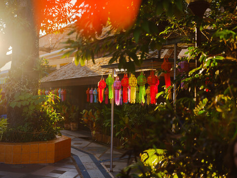 Warm scene of paper lanterns in a temple in Chiang Mai 