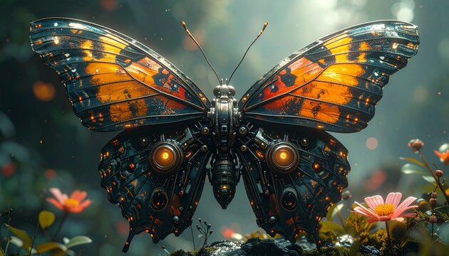 Cybernetic Butterfly- -A mechanical butterfly perched on a computer 