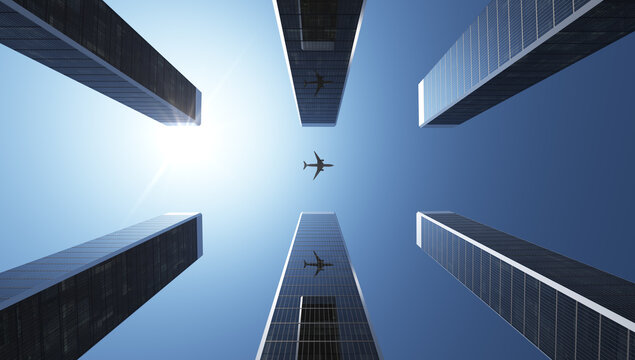Airplane flying above skyscrapers