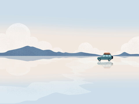 Off road car travelling on salar de uyuni salt flat