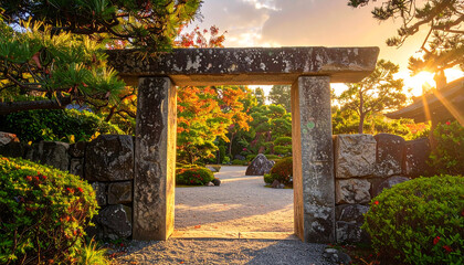 Naklejka premium Beautiful stone gate in a serene garden.