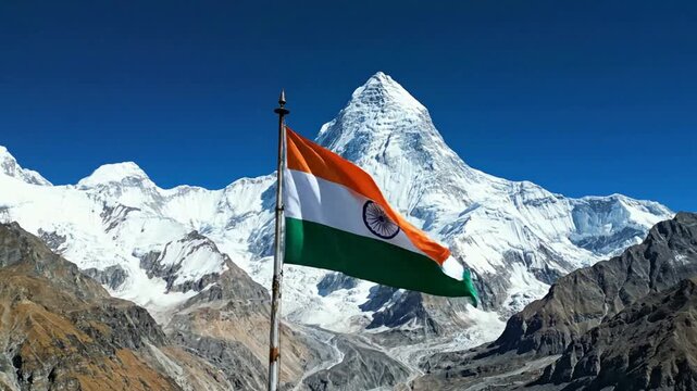 Indian national flag waving proudly against snow-capped himalayan mountain peaks indian flag tiranga