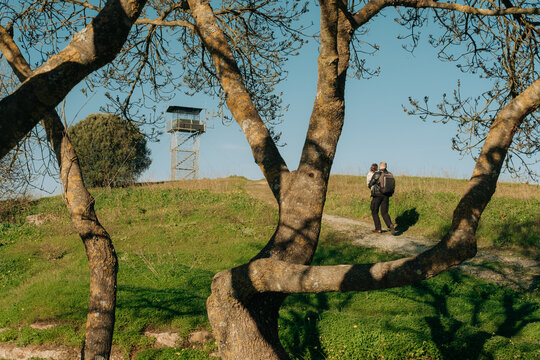 Father with child walking toward watchtower through trees on hil