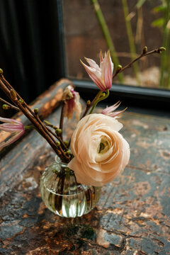 Ranunculus in Rustic Glass Vase