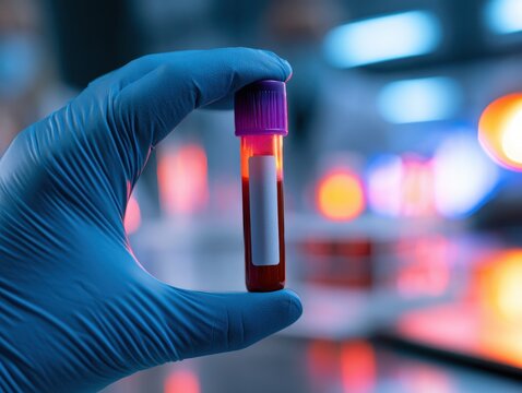 A gloved hand holding a single test tube with red liquid and clear fluid with a rack of blood collection tubes in the blurred background .