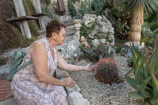 Senior Woman Exploring a Garden With Cacti During Her Travels