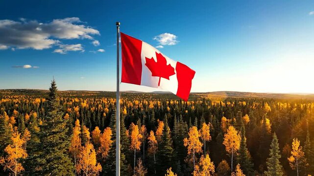 Canadian flag waving proudly over autumn boreal forest landscape at sunset canada maple leaf national flag