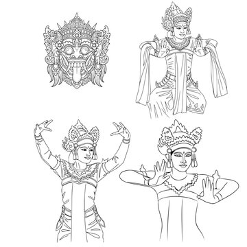 Traditional Balinese Dancers and Ornate Barong Mask Hand Drawn Vector Illustration Set
