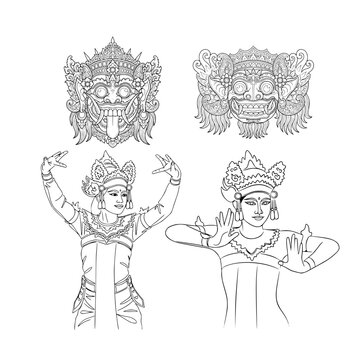 Set of Balinese Cultural Illustrations Featuring Traditional Dancers and Mythical Masks