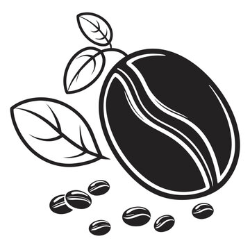 Stylized Black Coffee Bean with Leaves and Scattered Beans on White Background