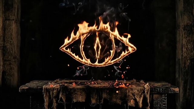 Mystical burning eye symbol made of fire floating above an old altar in a dark ancient stone room