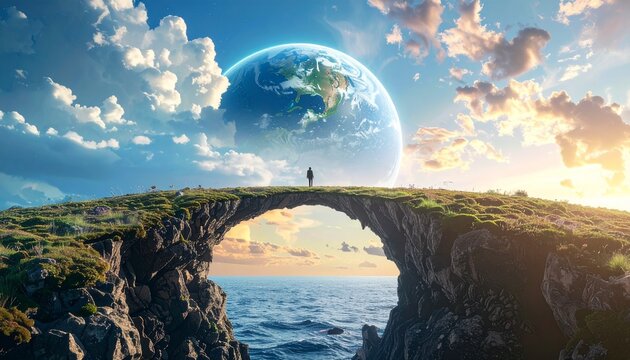 Horizon- -A wide cinematic shot of a futuristic observation deck where 